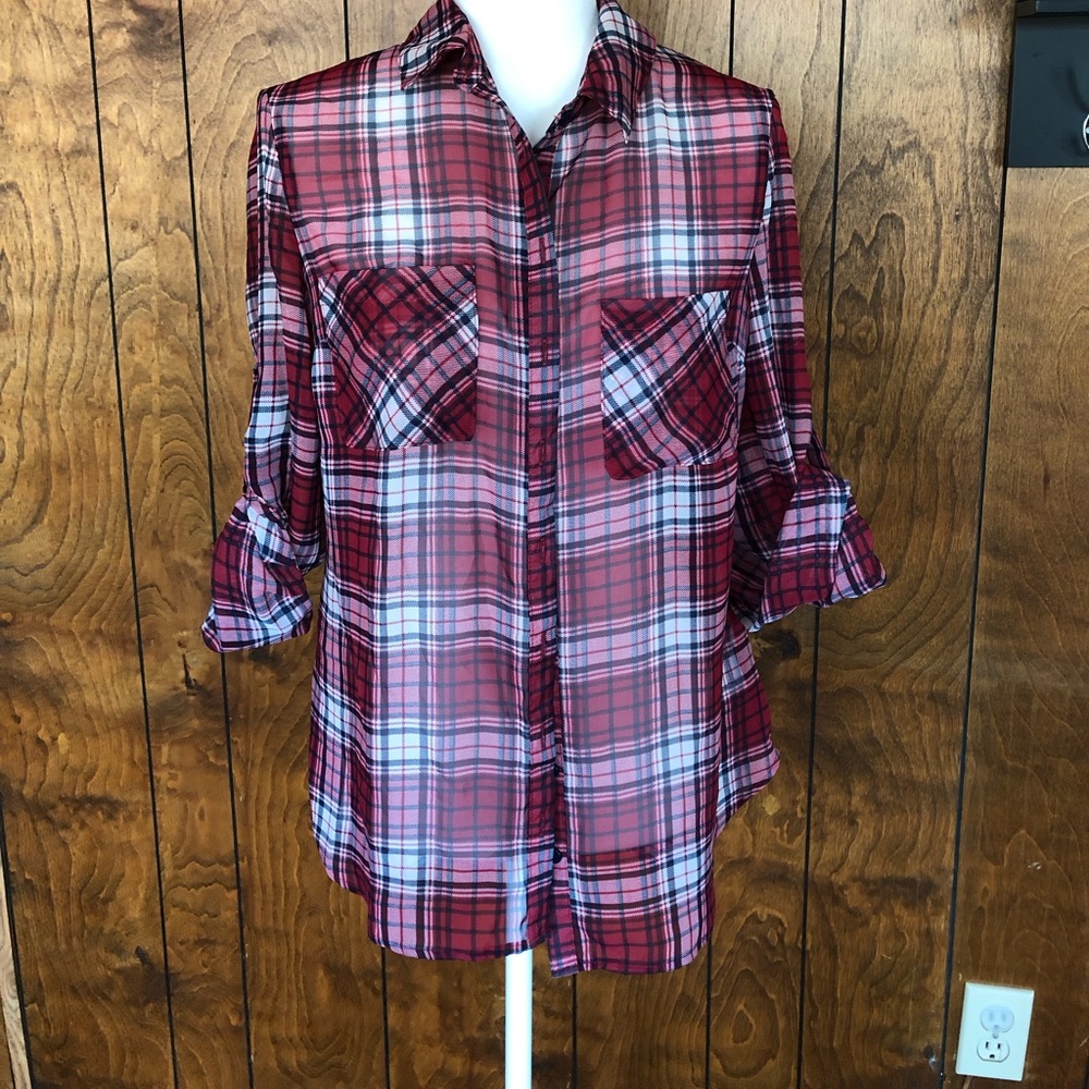 Xhiliration Red Flannel Sheer Blouse. XS